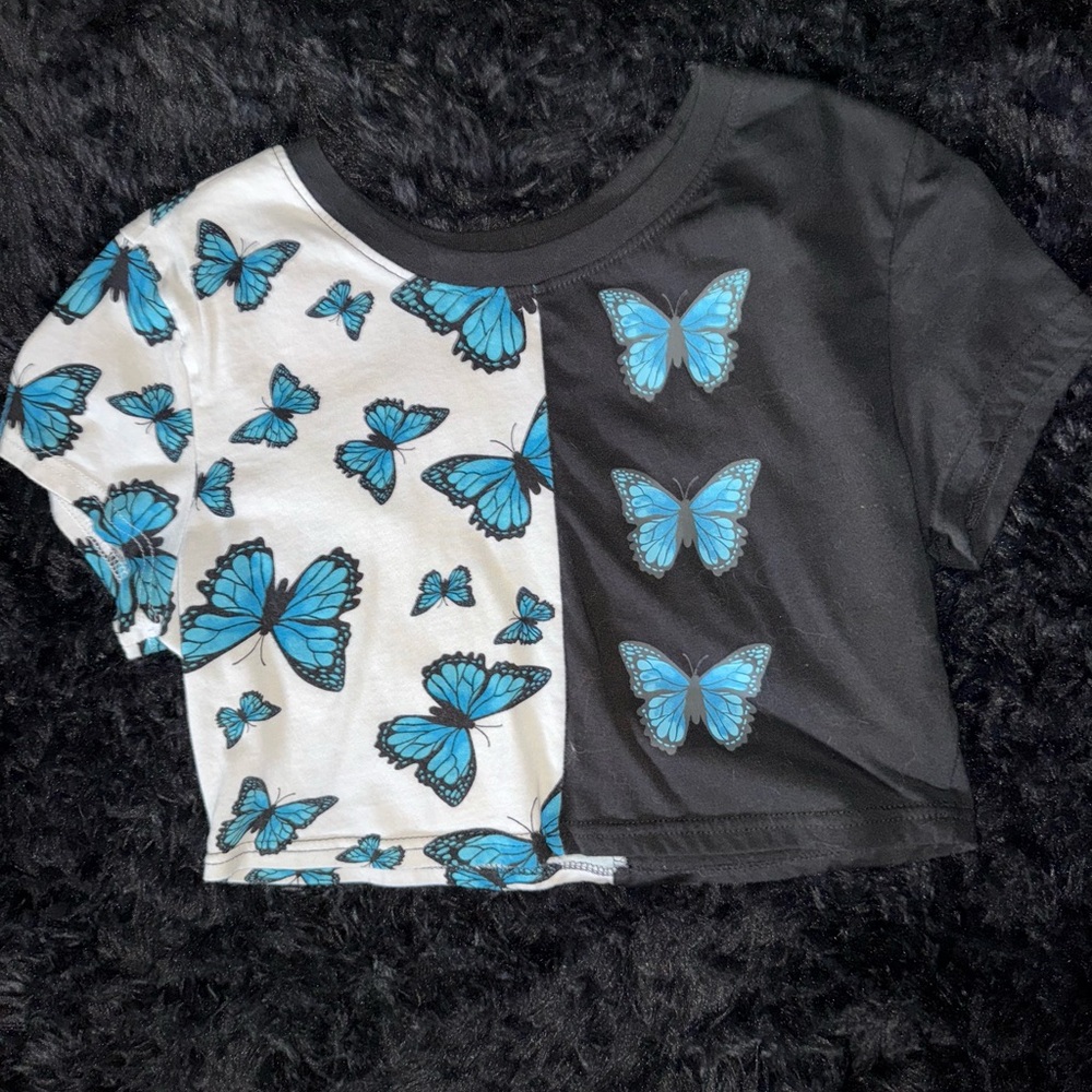 Black and White Crop Top with Blue Butterflies